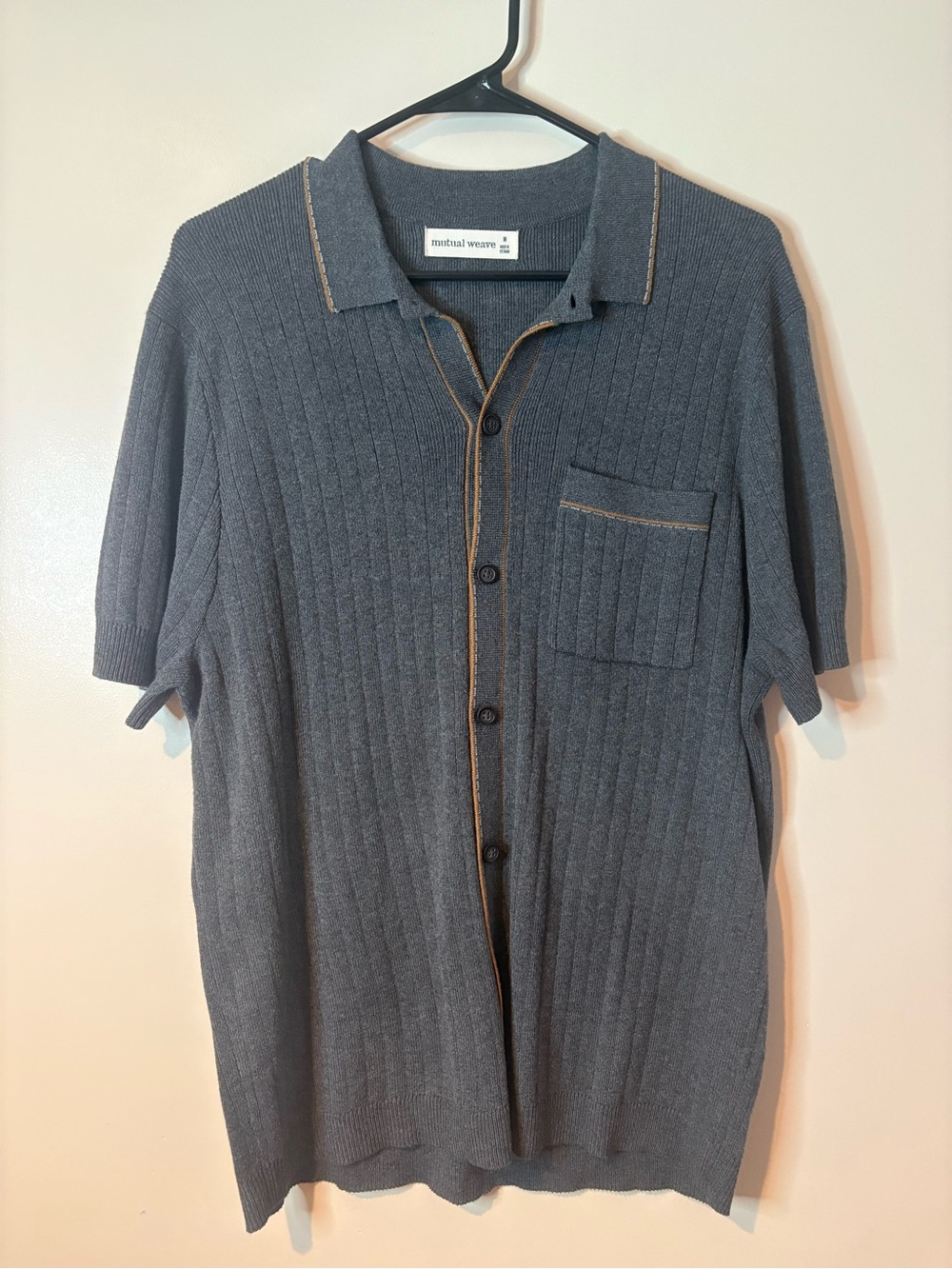 Mutual Weave Dark Gray Ribbed Short Sleeve Button Down Top NWOT